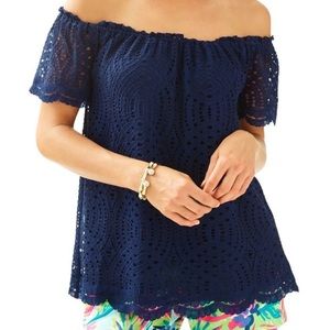 Lilly Pulitzer Navy Marble Off The Shoulder Flowy Ruffle Lace Top